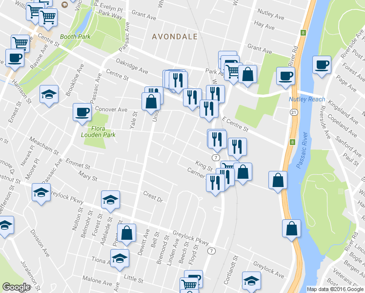 map of restaurants, bars, coffee shops, grocery stores, and more near 25 Saint Marys Place in Nutley