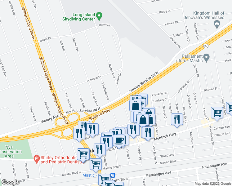map of restaurants, bars, coffee shops, grocery stores, and more near 41 Maple Avenue in Shirley
