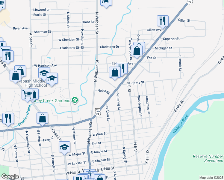 map of restaurants, bars, coffee shops, grocery stores, and more near 278 Manchester Avenue in Wabash