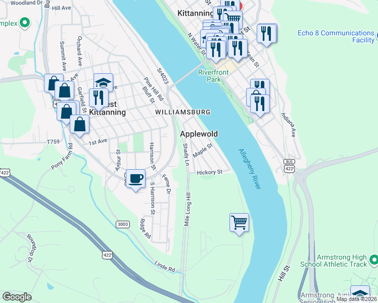 map of restaurants, bars, coffee shops, grocery stores, and more near 244 Ridge Ave in Kittanning