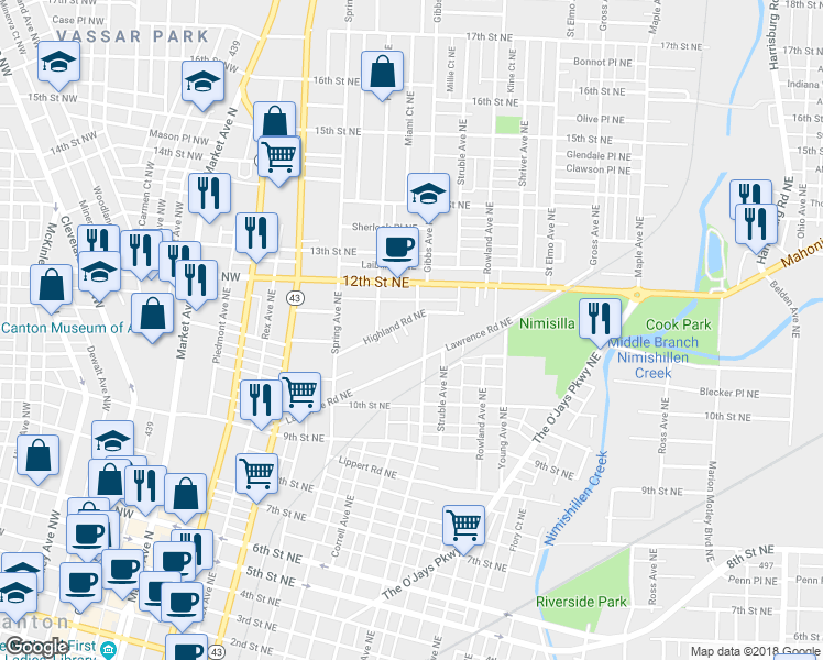 map of restaurants, bars, coffee shops, grocery stores, and more near 1028 Ivy Court Northeast in Canton