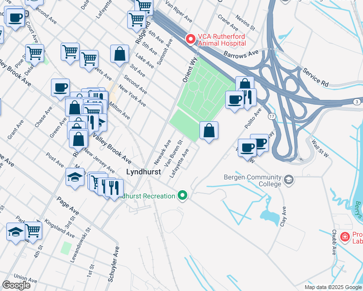map of restaurants, bars, coffee shops, grocery stores, and more near 218 Van Buren Street in Lyndhurst
