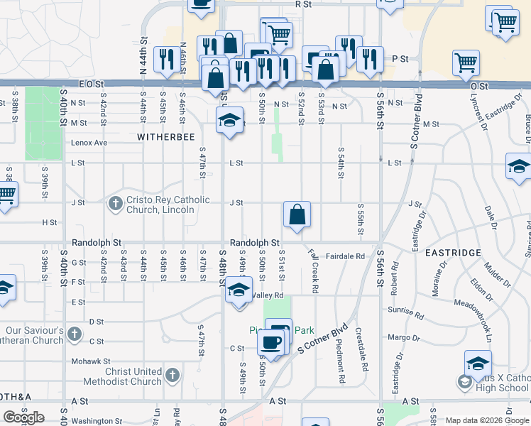 map of restaurants, bars, coffee shops, grocery stores, and more near 620 South 50th Street in Lincoln