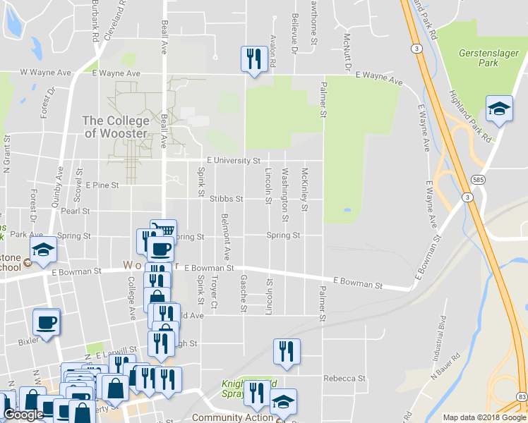 map of restaurants, bars, coffee shops, grocery stores, and more near 752 Lincoln Street in Wooster
