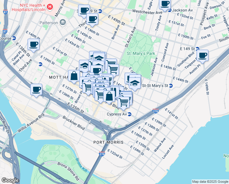 map of restaurants, bars, coffee shops, grocery stores, and more near 574 E 140th St in Bronx