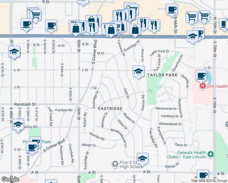 map of restaurants, bars, coffee shops, grocery stores, and more near 701 Mulder Drive in Lincoln