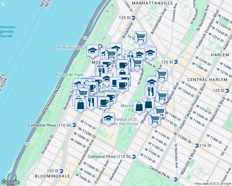 map of restaurants, bars, coffee shops, grocery stores, and more near 1150 Amsterdam Avenue in New York