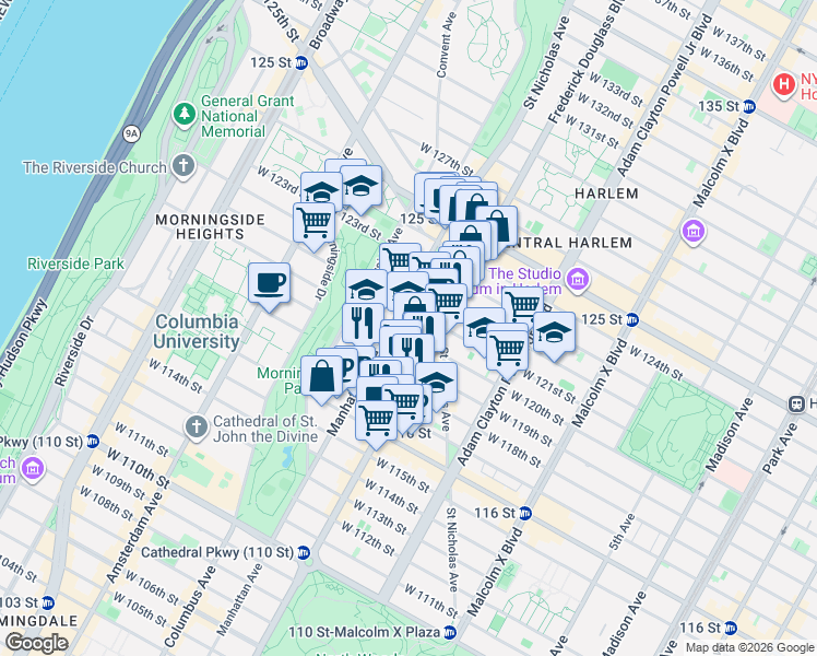 map of restaurants, bars, coffee shops, grocery stores, and more near 311 West 120th Street in New York