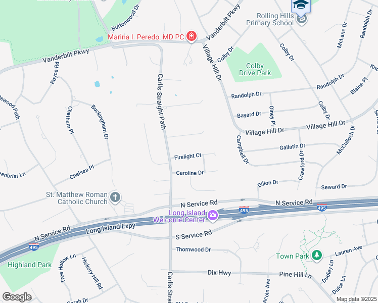 map of restaurants, bars, coffee shops, grocery stores, and more near 5 Firelight Court in Dix Hills