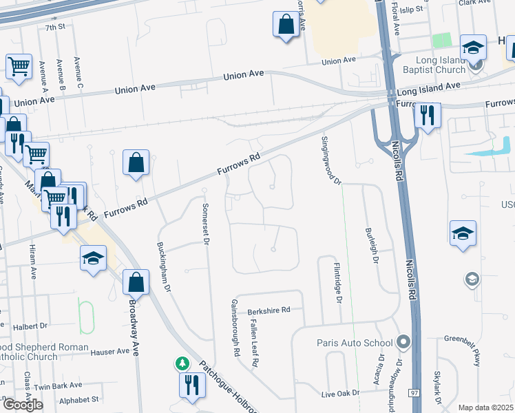 map of restaurants, bars, coffee shops, grocery stores, and more near 124 Fairfield Drive in Holbrook