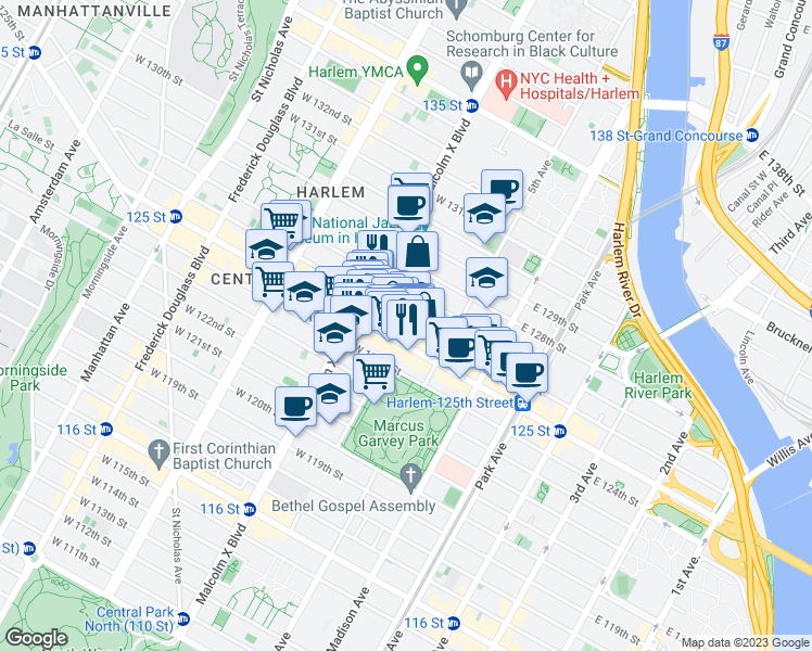 map of restaurants, bars, coffee shops, grocery stores, and more near 40 West 126th Street in New York