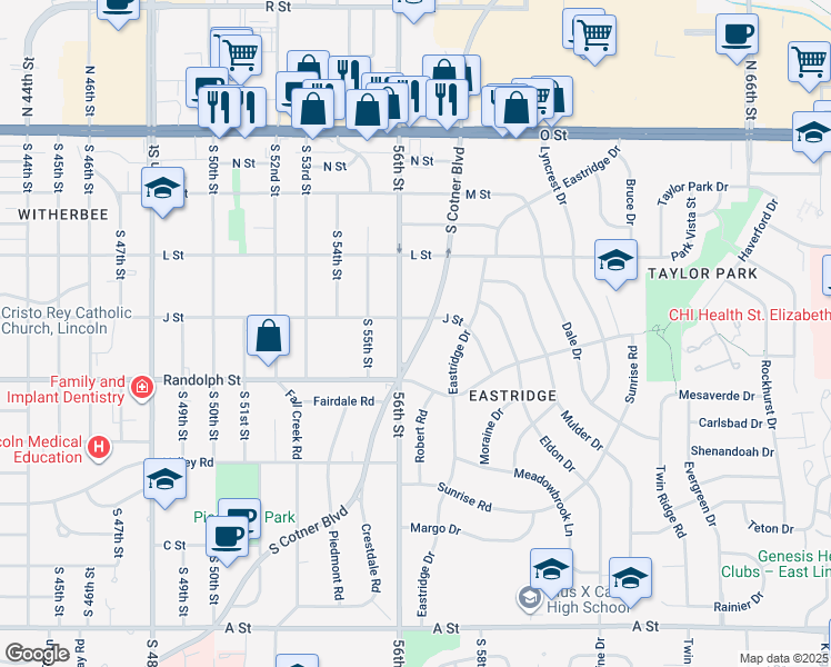 map of restaurants, bars, coffee shops, grocery stores, and more near 621 South Cotner Boulevard in Lincoln