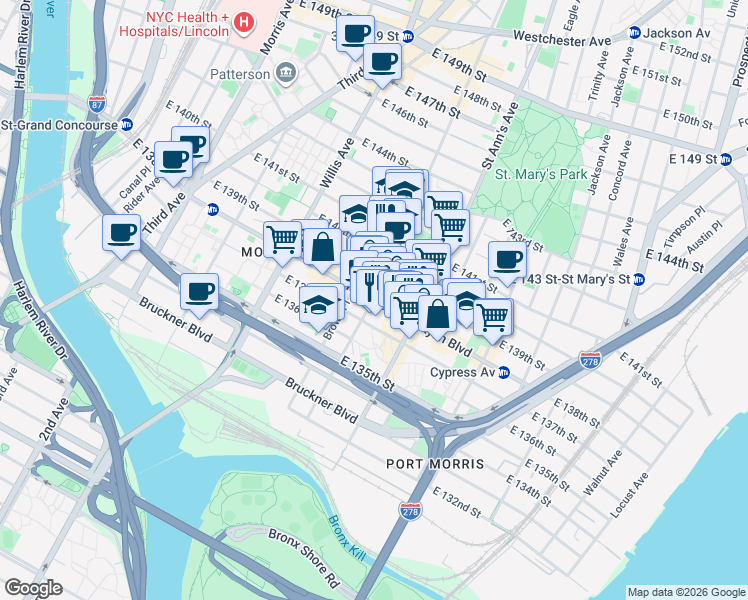 map of restaurants, bars, coffee shops, grocery stores, and more near 510 East 138th Street in Bronx