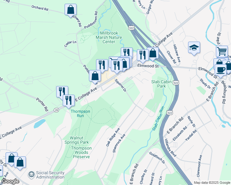 map of restaurants, bars, coffee shops, grocery stores, and more near 1228 Pennsylvania Avenue in State College