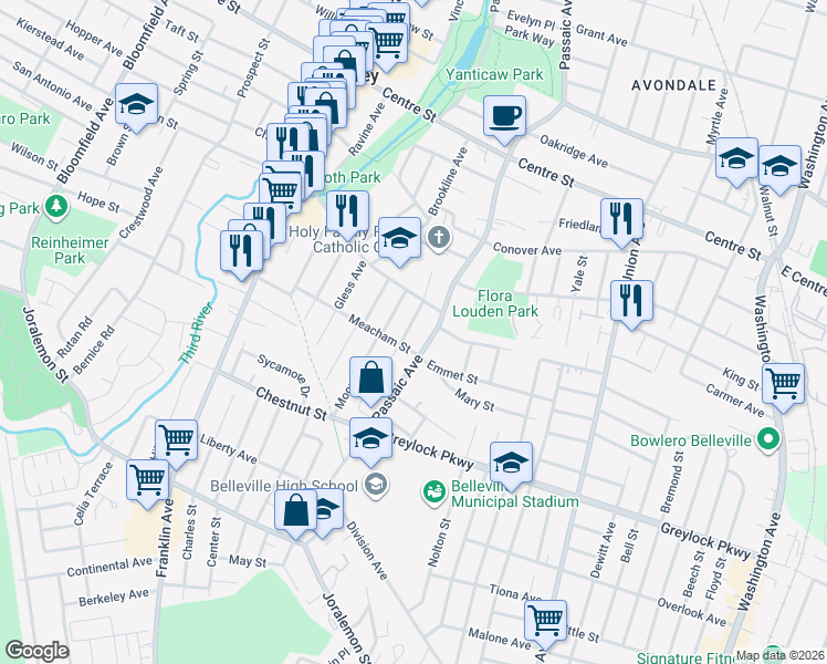 map of restaurants, bars, coffee shops, grocery stores, and more near 42 Memphis Avenue in Belleville