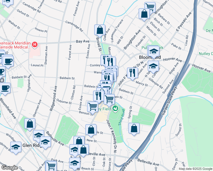 map of restaurants, bars, coffee shops, grocery stores, and more near 11 Baldwin Street in Bloomfield
