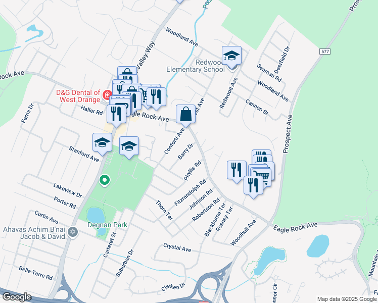 map of restaurants, bars, coffee shops, grocery stores, and more near 8 Barry Drive in West Orange