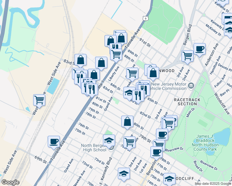map of restaurants, bars, coffee shops, grocery stores, and more near 1419 83rd Street in North Bergen