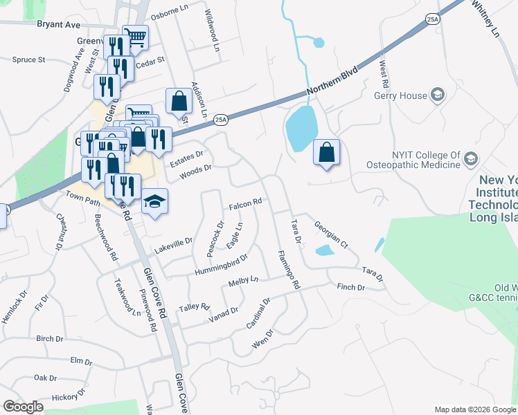 map of restaurants, bars, coffee shops, grocery stores, and more near 66 Hummingbird Drive in Roslyn