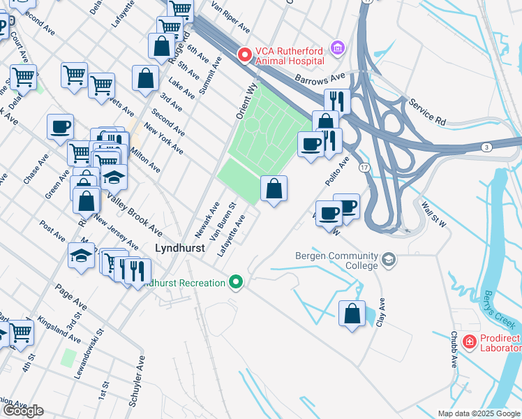 map of restaurants, bars, coffee shops, grocery stores, and more near 200 Madison Street in Lyndhurst