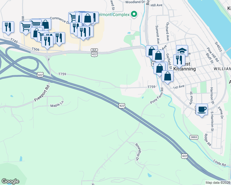 map of restaurants, bars, coffee shops, grocery stores, and more near 208 Briar Hill Road in Kittanning