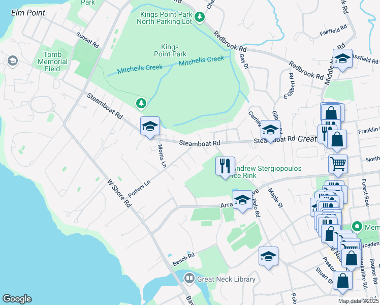 map of restaurants, bars, coffee shops, grocery stores, and more near 6 Potters Lane in Great Neck