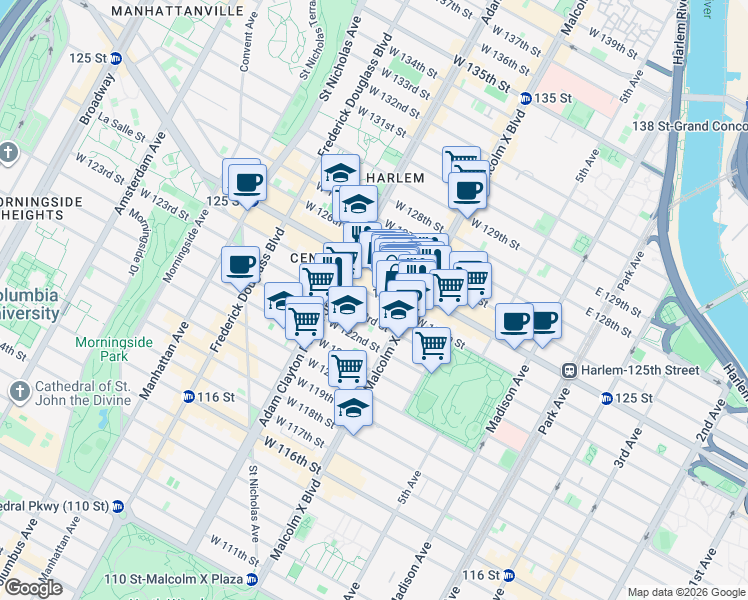 map of restaurants, bars, coffee shops, grocery stores, and more near 123 Adam Clayton Powell Junior Boulevard in New York