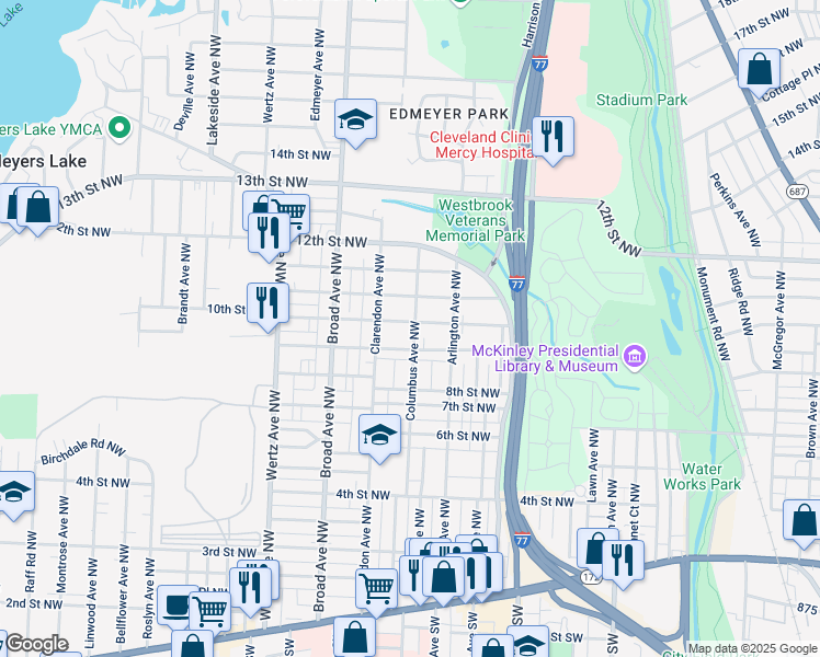 map of restaurants, bars, coffee shops, grocery stores, and more near 2500 10th Street Northwest in Canton