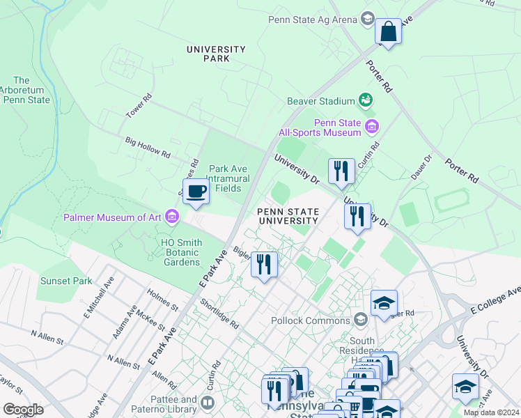 map of restaurants, bars, coffee shops, grocery stores, and more near in Centre County