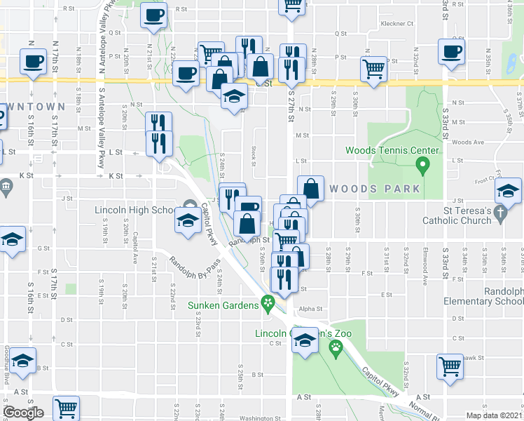 map of restaurants, bars, coffee shops, grocery stores, and more near 619 South 26th Street in Lincoln