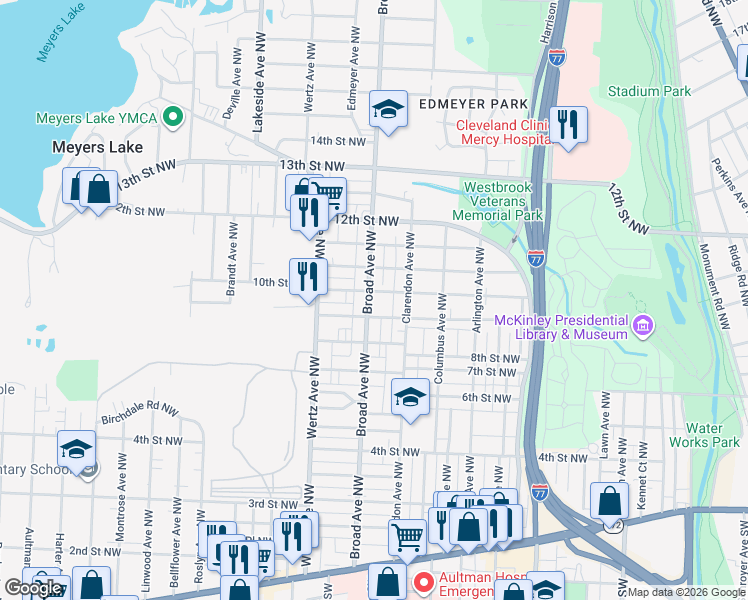 map of restaurants, bars, coffee shops, grocery stores, and more near 918 Broad Avenue Northwest in Canton