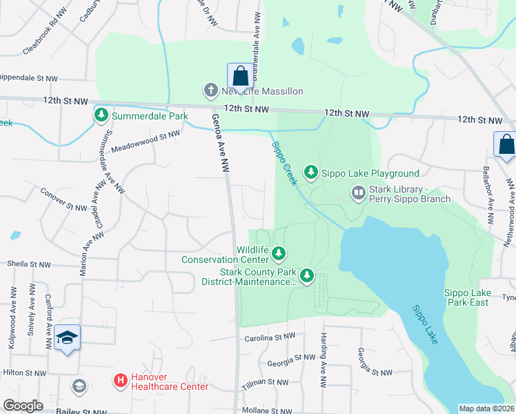 map of restaurants, bars, coffee shops, grocery stores, and more near 1021 Minuteman Avenue Northwest in Massillon