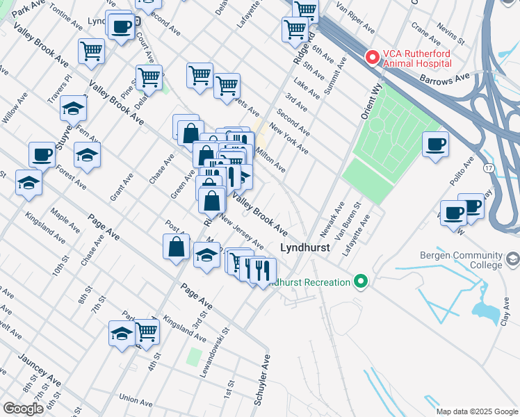 map of restaurants, bars, coffee shops, grocery stores, and more near 649 Valley Brook Avenue in Lyndhurst