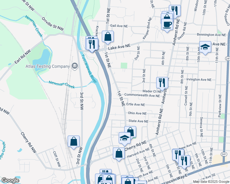 map of restaurants, bars, coffee shops, grocery stores, and more near 919 1st Street Northeast in Massillon