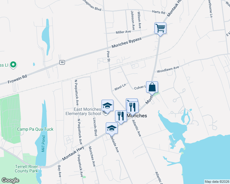 map of restaurants, bars, coffee shops, grocery stores, and more near 4 West Lane in East Moriches