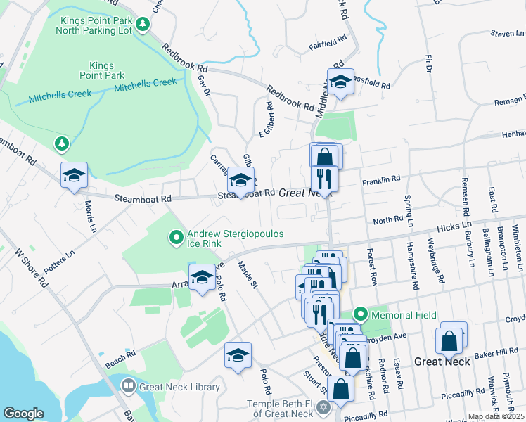 map of restaurants, bars, coffee shops, grocery stores, and more near 19 Helen Lane in Great Neck