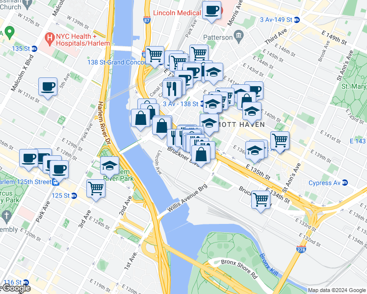 map of restaurants, bars, coffee shops, grocery stores, and more near in The Bronx