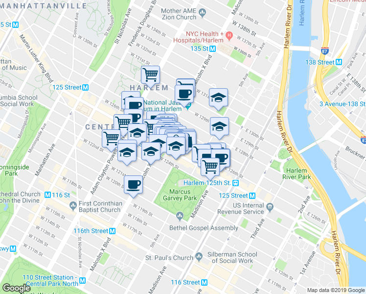 map of restaurants, bars, coffee shops, grocery stores, and more near 55 West 125th Street in New York