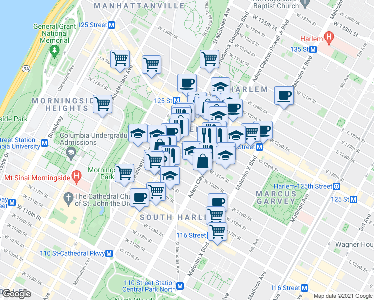 map of restaurants, bars, coffee shops, grocery stores, and more near 234 West 122nd Street in New York