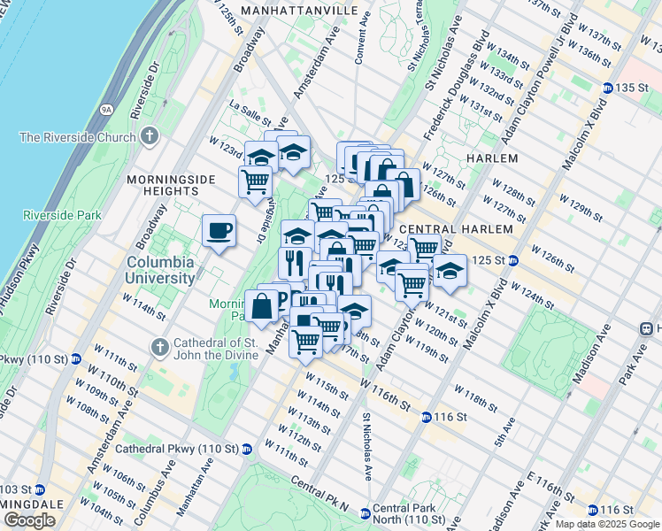map of restaurants, bars, coffee shops, grocery stores, and more near 315 West 120th Street in New York
