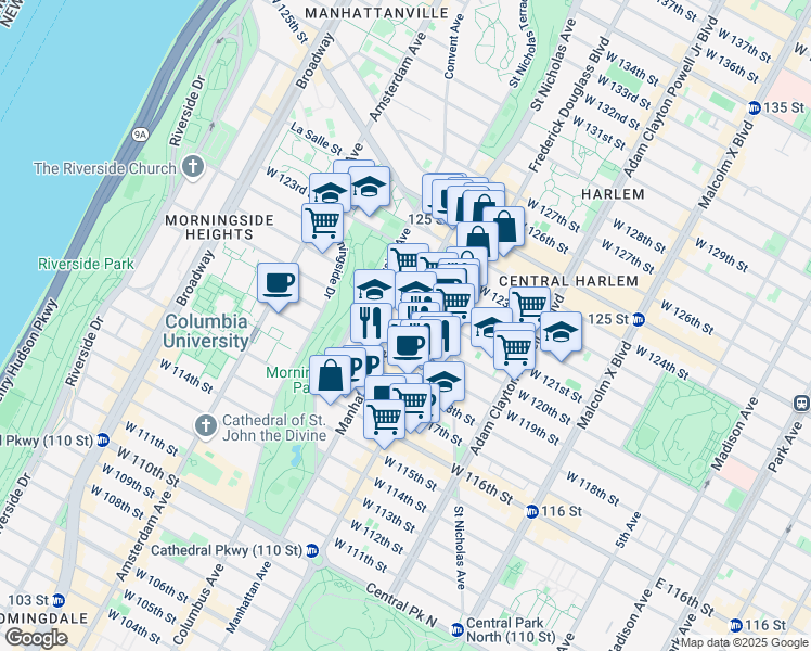 map of restaurants, bars, coffee shops, grocery stores, and more near 315 West 120th Street in New York