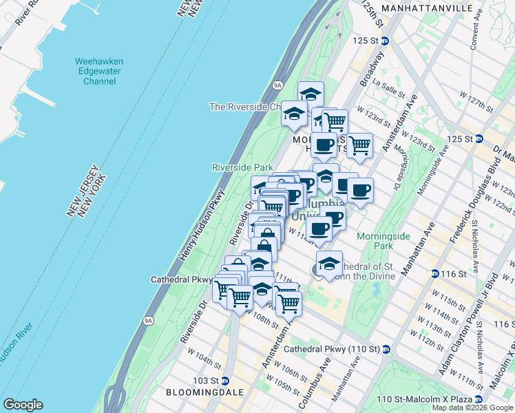 map of restaurants, bars, coffee shops, grocery stores, and more near 420 Riverside Drive in New York
