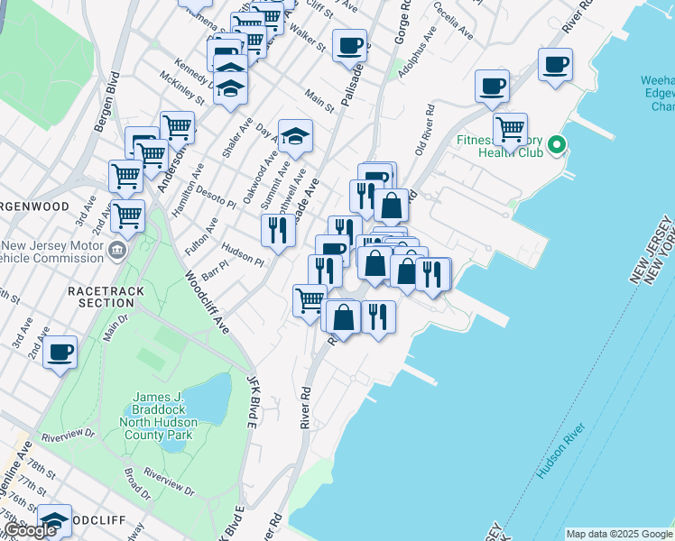 map of restaurants, bars, coffee shops, grocery stores, and more near 200 Old River Road in Edgewater
