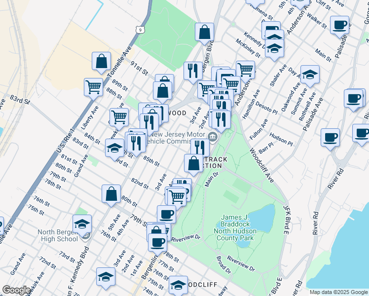 map of restaurants, bars, coffee shops, grocery stores, and more near 717 87th Street in North Bergen