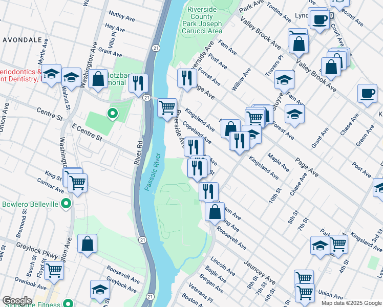 map of restaurants, bars, coffee shops, grocery stores, and more near 726 Riverside Avenue in Lyndhurst