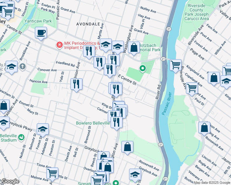 map of restaurants, bars, coffee shops, grocery stores, and more near 38 Washington Avenue in Nutley