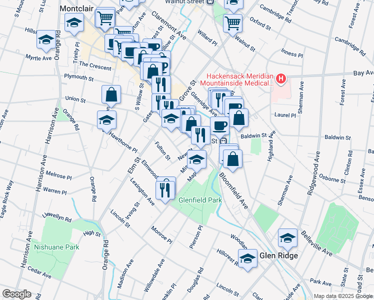 map of restaurants, bars, coffee shops, grocery stores, and more near 10 Washington Street in Montclair