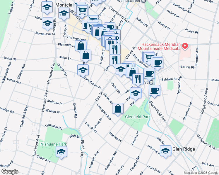map of restaurants, bars, coffee shops, grocery stores, and more near in Montclair