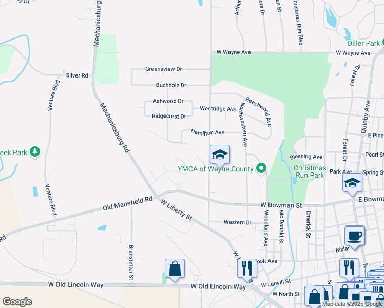 map of restaurants, bars, coffee shops, grocery stores, and more near 830 Colony Court in Wooster