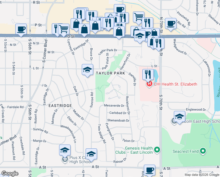 map of restaurants, bars, coffee shops, grocery stores, and more near 6406 Chesterfield Court in Lincoln
